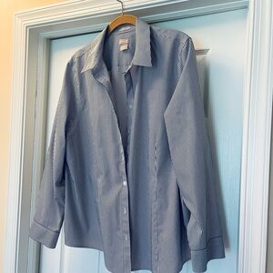 Ladies Chicos Blue and White Blouse Relaxed Fit, no iron, size 3, poly & cotton
